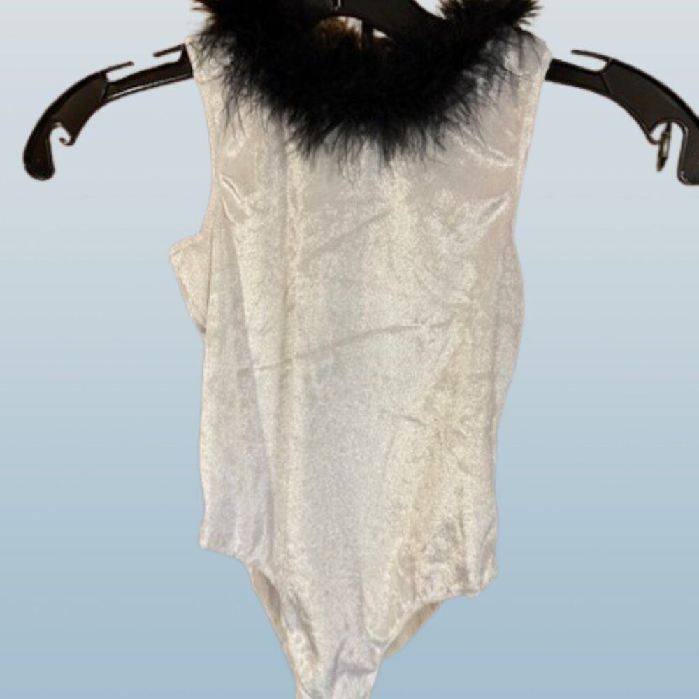 White Velvet Leotard with Black Feathers  7501  Small 4-6  NWT Boutique